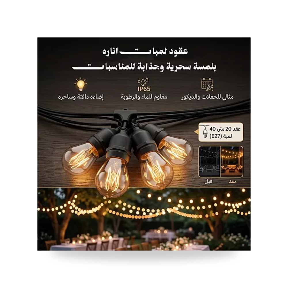 عقد لمبات مكثف 20 متر 40 لمبة E27 أسود همر موديل UP-15