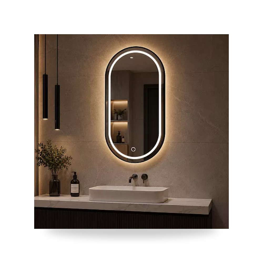 مرآة بيضاوية LED إطار ألمنيوم أسود 100x60سم تيتو تييتو موديل مواد صحية