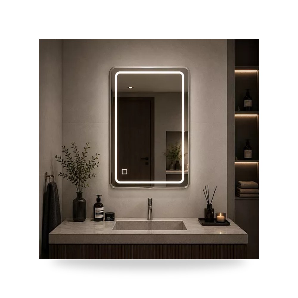 مرآة مستطيلة LED إطار ألمنيوم فضي 70x50سم تيتو تييتو موديل مواد صحية