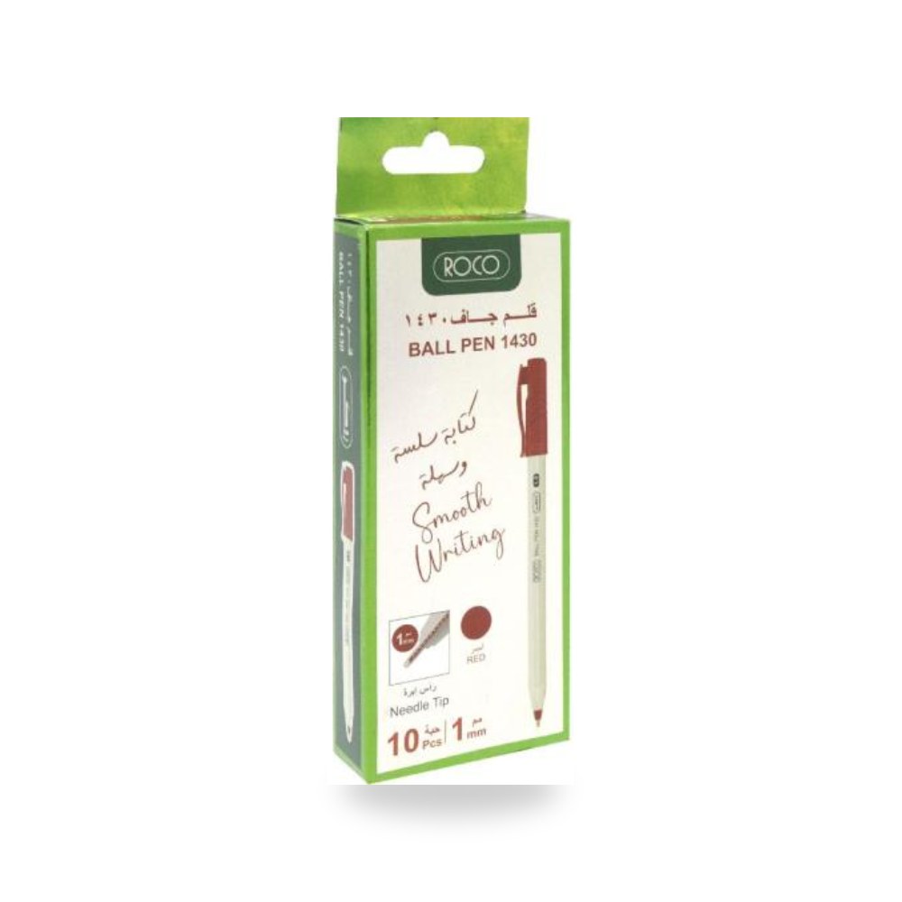 قلم حبر جاف أحمر روكو ROCO 1430 علبة 10 أقلام شركة (REMCO)