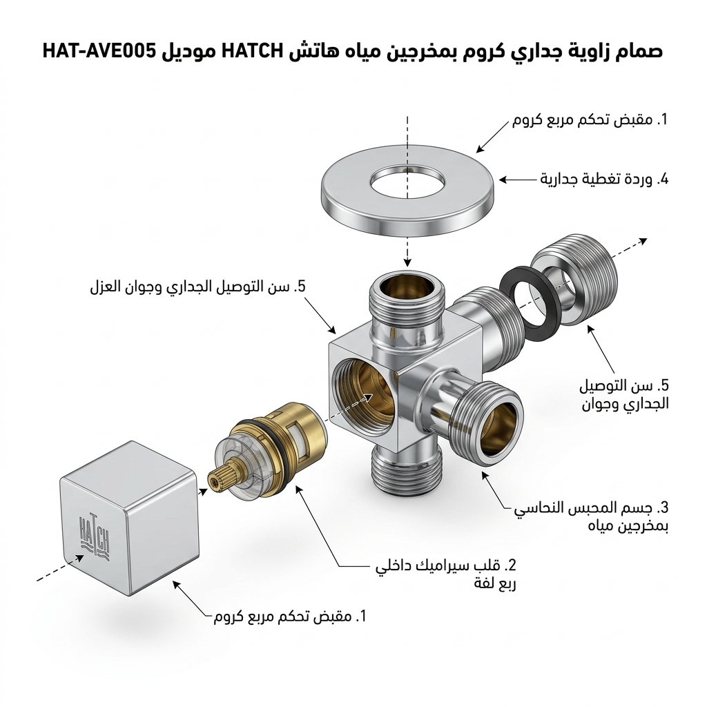 صمام زاوية جداري كروم بمخرجين مياه هاتش HATCH موديل HAT-AVE005