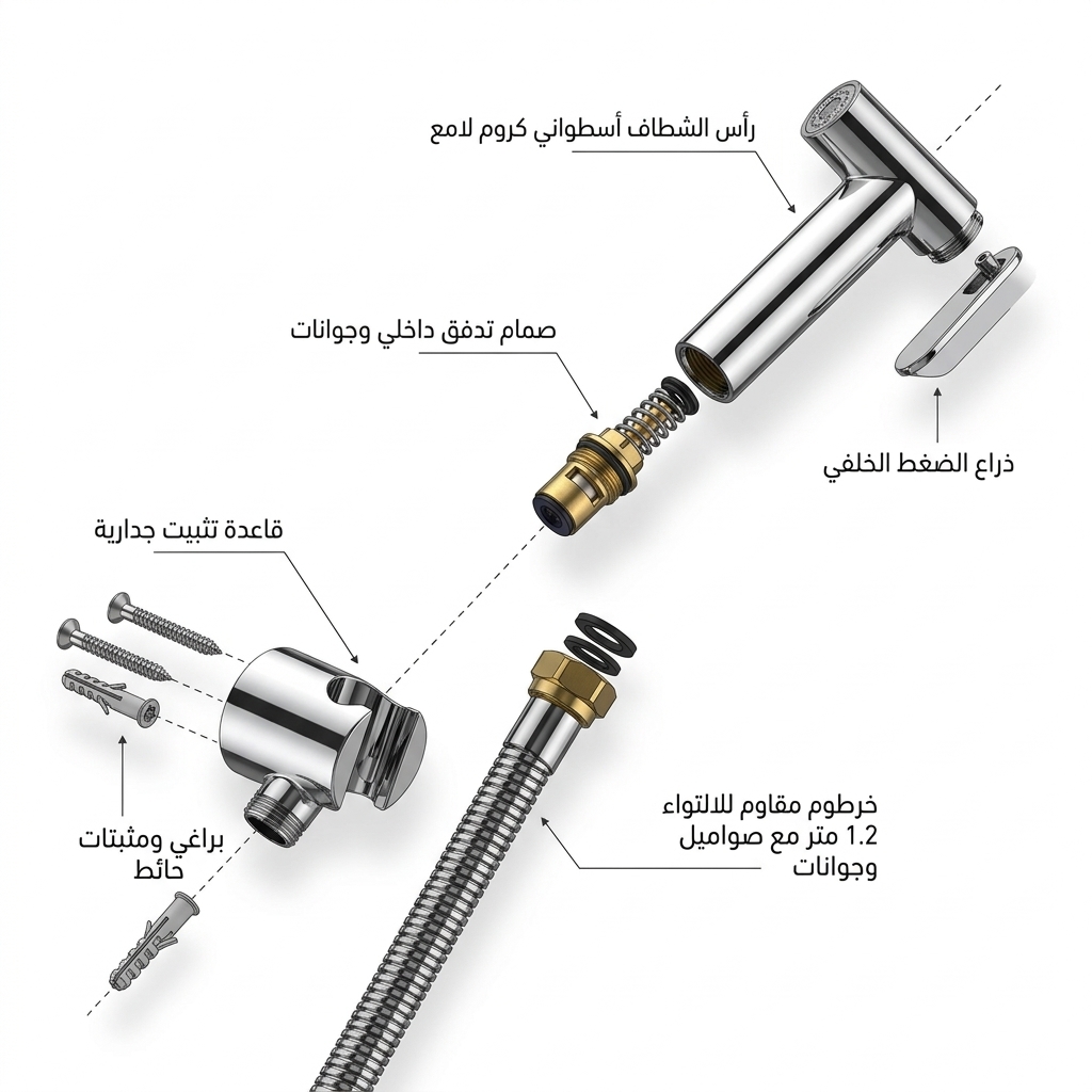 طقم شطاف حمام كروم لامع هاتش HATCH موديل HAT-WG008 مع لي وقاعدة