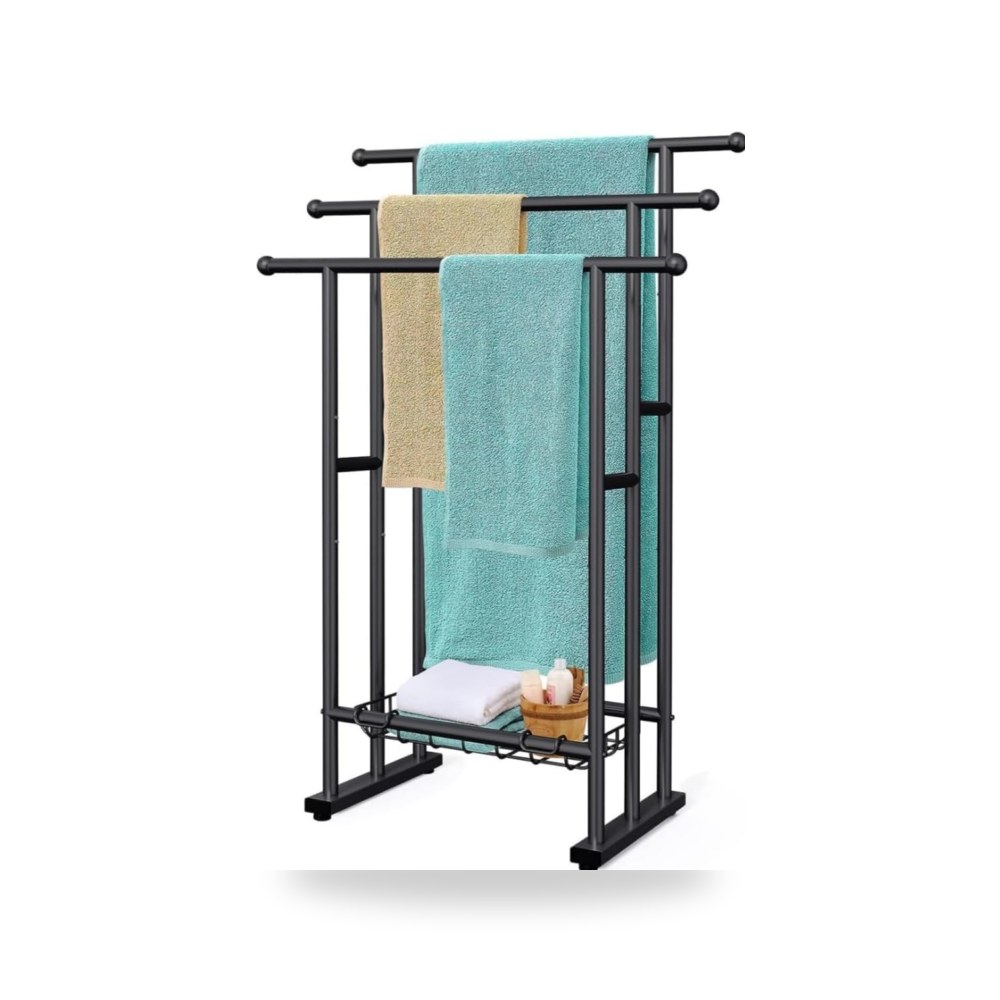 رف مناشف ارضي 3 طبقات مع سلة ستيل اسود موديل B0GTLR9BGR