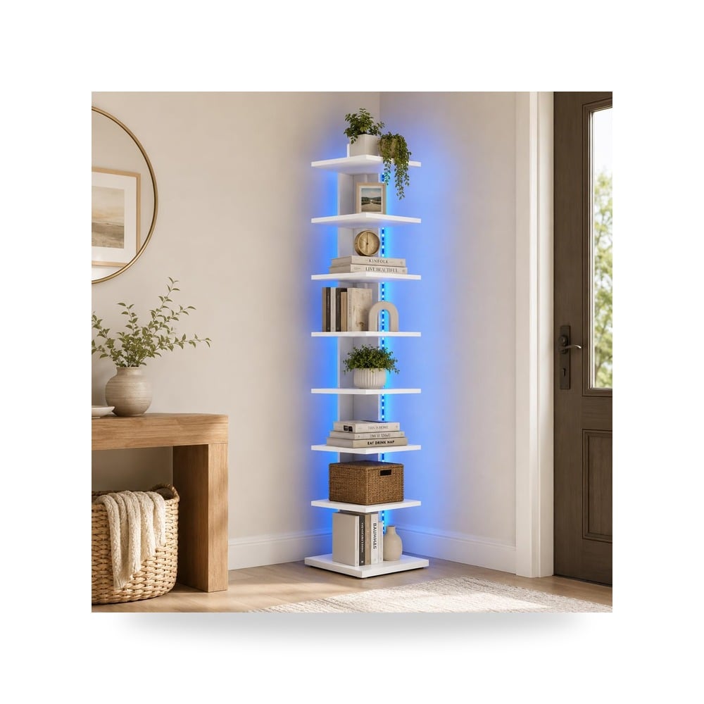 رف كتب ابيض من 8 طبقات مع اضواء LED، ارفف قائمة ضيقة من Yana a
