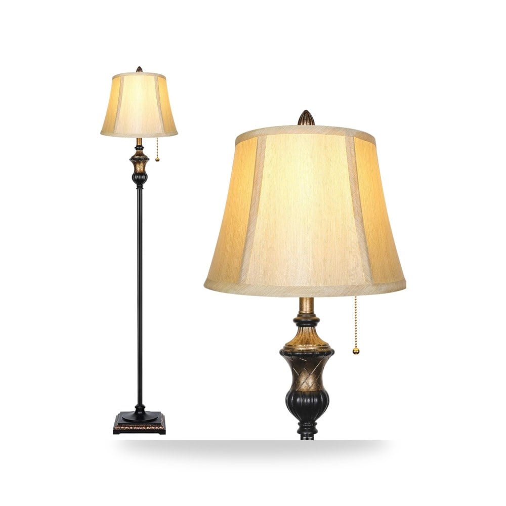 توبوسا مصباح ارضي تقليدي، مصباح كلاسيكي قائم مع غطاء من القماش البرونزي