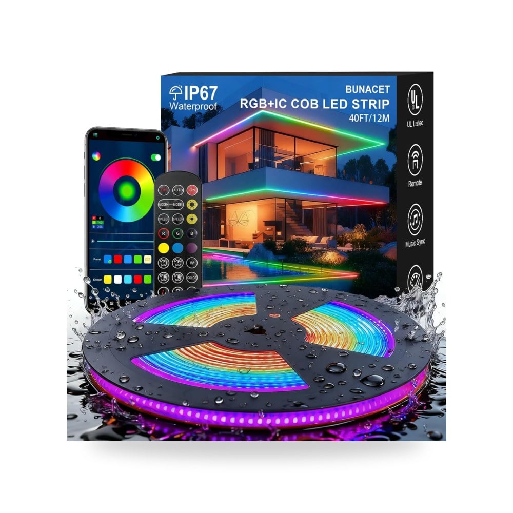 شريط اضاءة LED سي او بي ار جي بي + اي سي بطول 40 قدم، شريط موديل IP67
