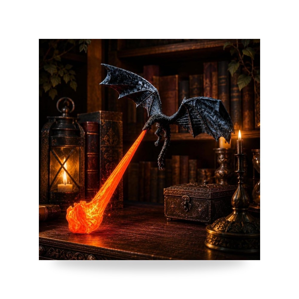رف كتب بتصميم دراجون لايت مطبوع ثلاثي الابعاد بتأثير لهب
