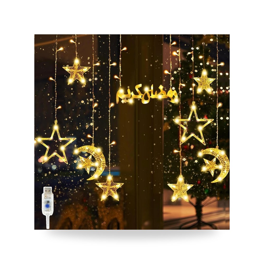 مصابيح رمضان، أضواء زينة رمضان على شكل قمر ونجمة لتزيين