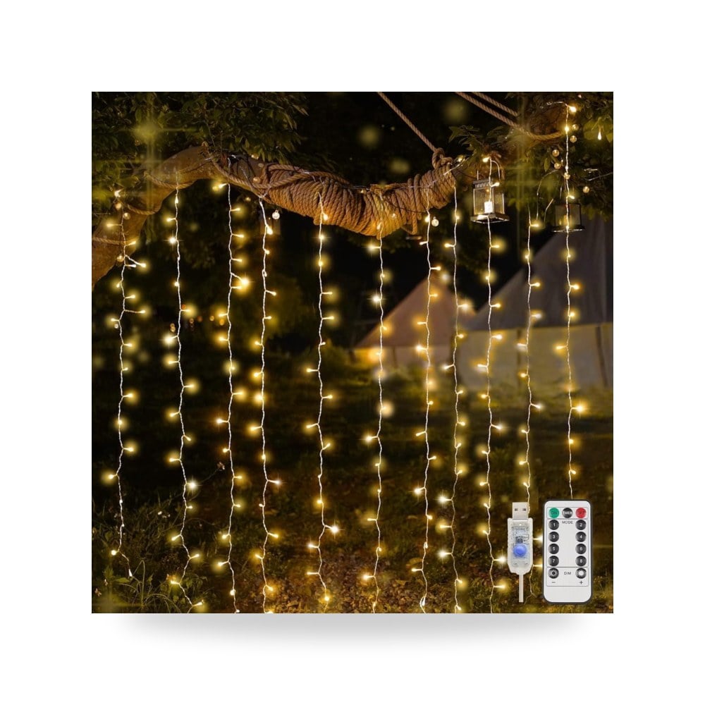 200 مصباح LED للستائر بمنفذ USB - 6.5 × 6.5 قدم أبيض (B0GGZ79MP6)