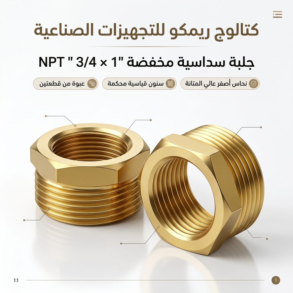 جلبة سداسية مخفضة نحاس أصفر 1 بوصة ذكر إلى 3/4 بوصة أنثى NPT (قطعتان)