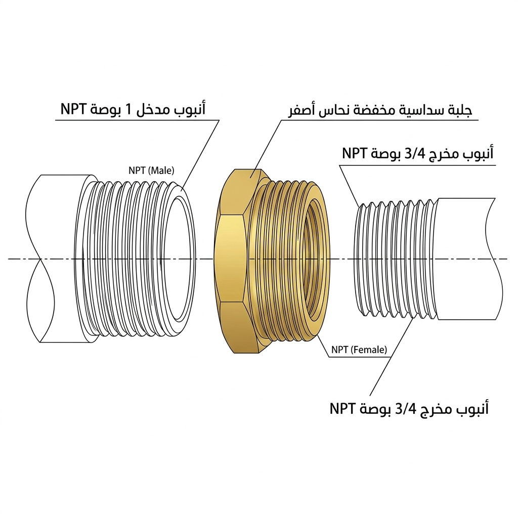 جلبة سداسية مخفضة نحاس أصفر 1 بوصة ذكر إلى 3/4 بوصة أنثى NPT (قطعتان)