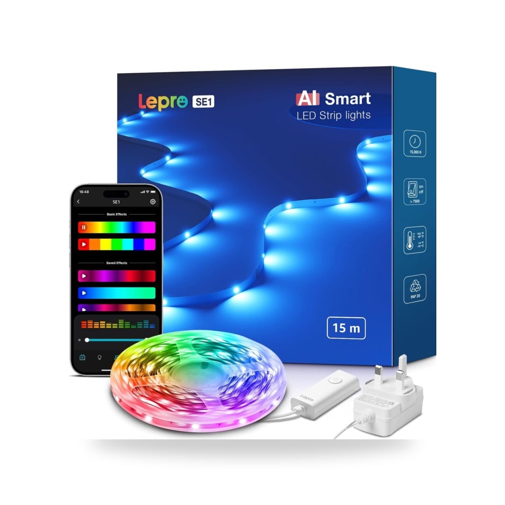 شريط إضاءة ذكي ليد بألوان RGB SE1، بتقنية AI بطول 15 م، مع الموسيقى