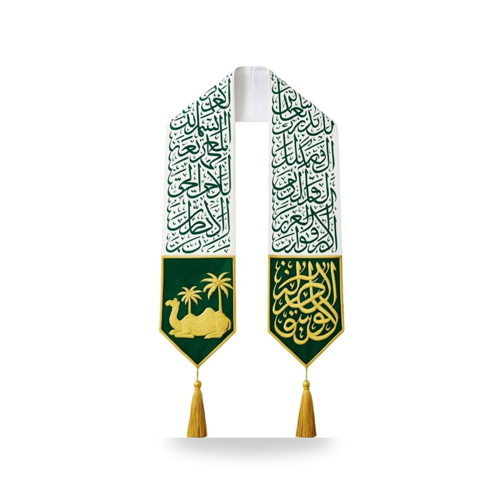 وشاح اليوم الوطني السعودي 95، من ساتان أبيض مع طباعة خط