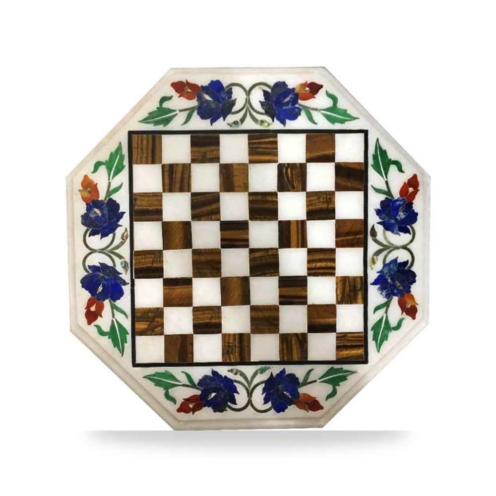 طاولة شطرنج فاخرة من الرخام الطبيعي مرصعة يدوياً بأحجار كريمة بتقنية بيترا دورا Pietra
