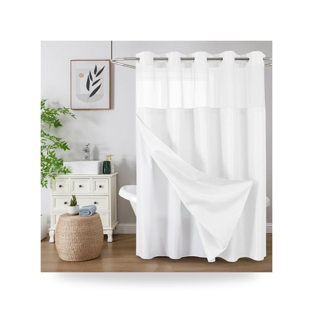 ستارة حمام بدون خطاف مع بطانة قماشية باغلاق كبس، ستارة حمام