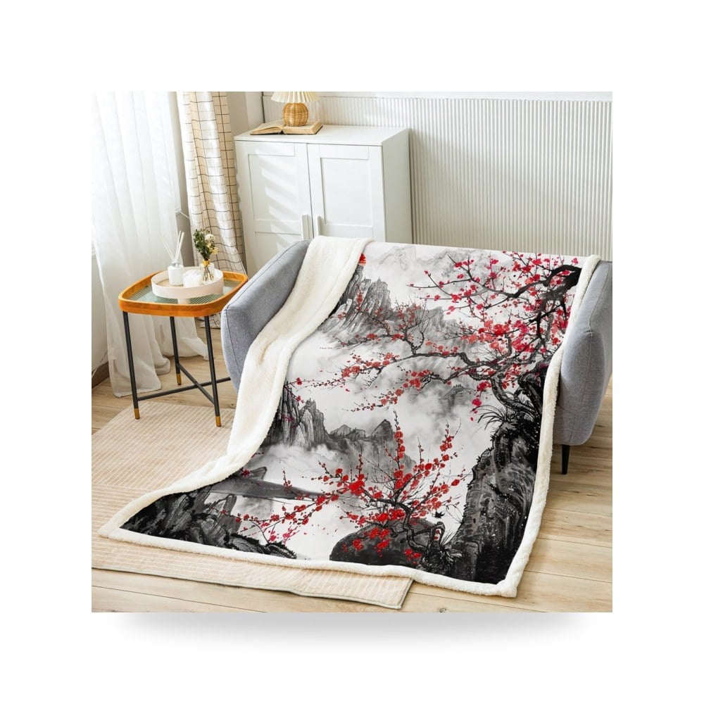 أثاث غرف نوم وأسرّة - فيل يو بطانية صوف بتصميم زهور الكرز مقاس 50 انش × 60 انش