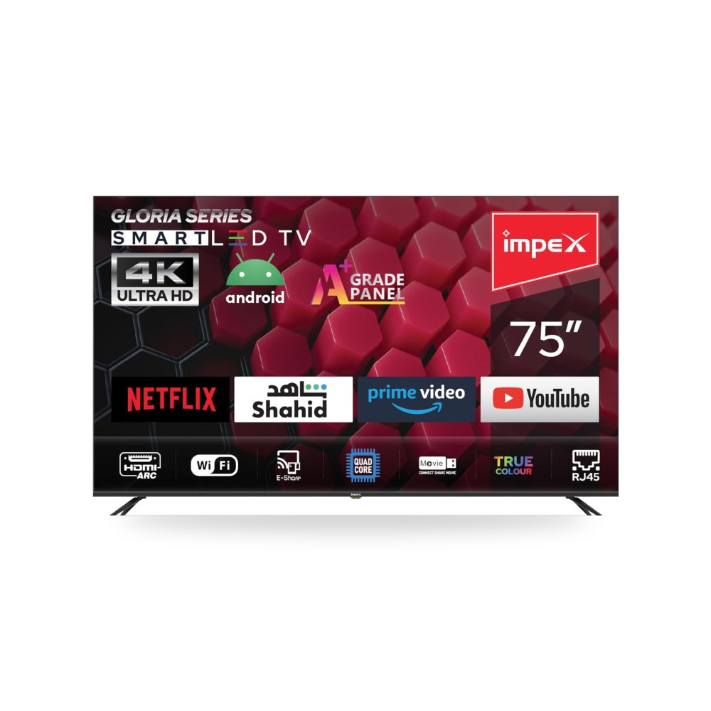 تلفزيون LED ذكي جلوريا 75 بوصة 4K UHD من امبيكس، معالج موديل E-Share