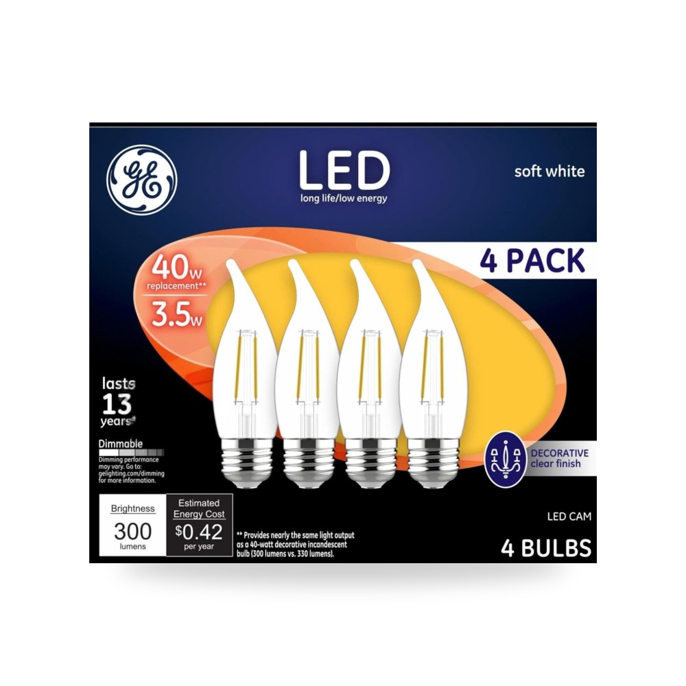 GE مصابيح اضاءة LED للديكور، ابيض ناعم، شفاف