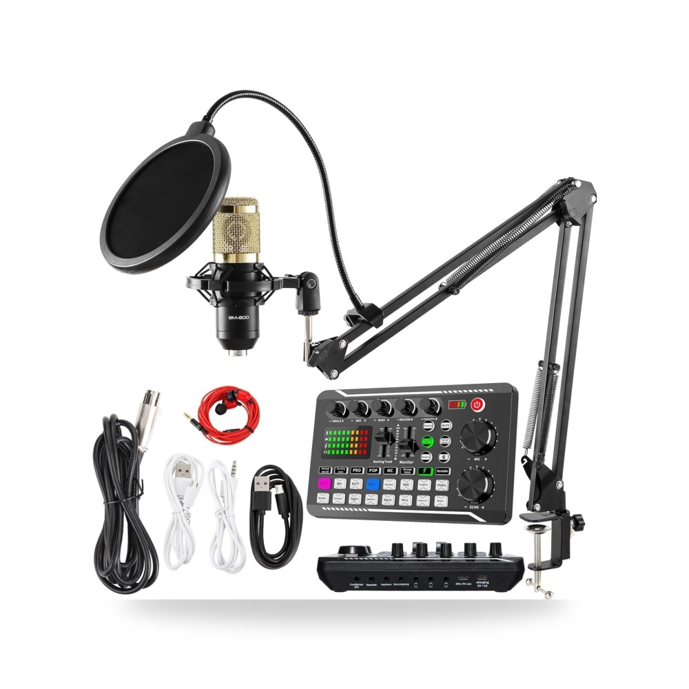 مجموعة ميكروفون بودكاست مكثف BM-800 مع بطاقة صوت مباشر