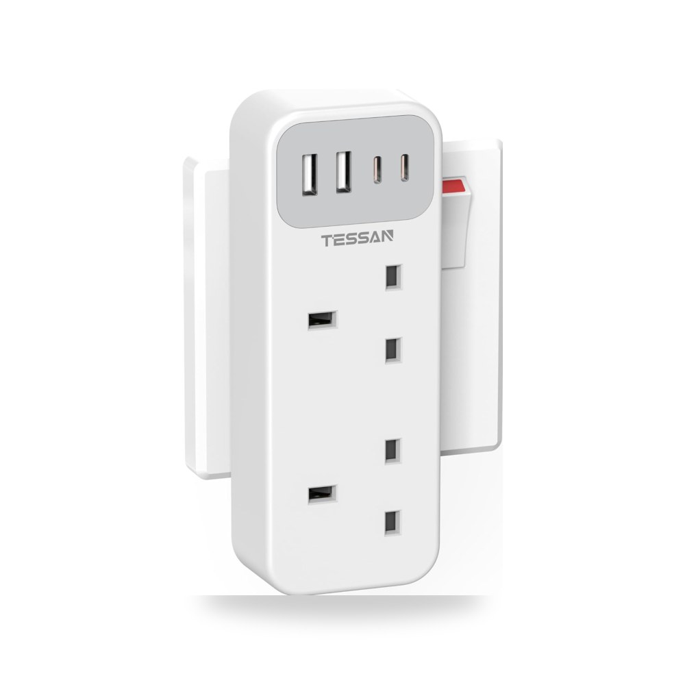 محول مقابس مزدوج مع 4 منافذ USB (منفذان USB C)، وصلة مقابس