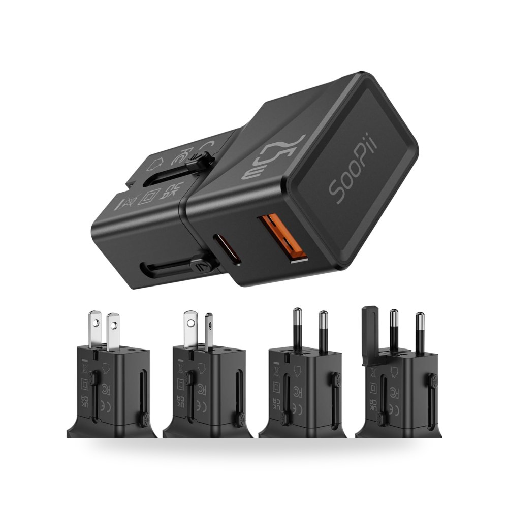 سوبي محول سفر عالمي 25 واط، محول طاقة دولي، USB نوع سي بي