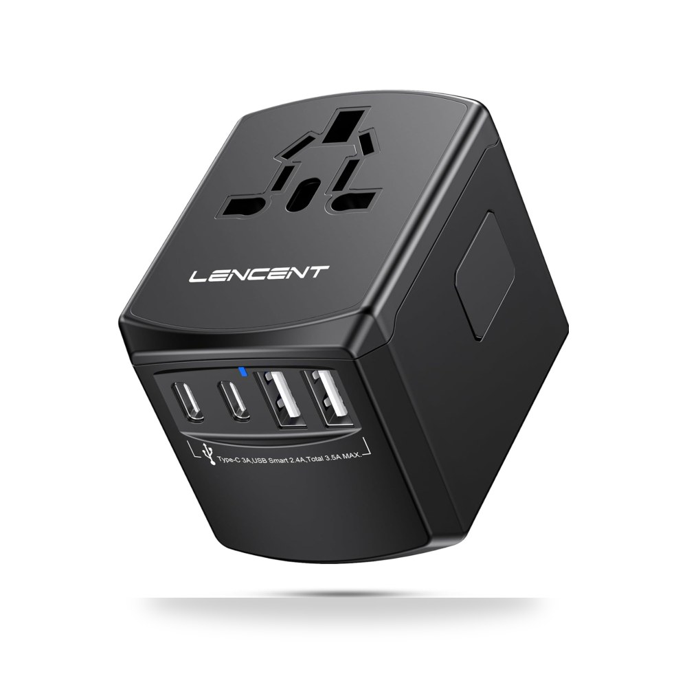 محول سفر عالمي، شاحن دولي مع 4 منافذ USB لنسنت