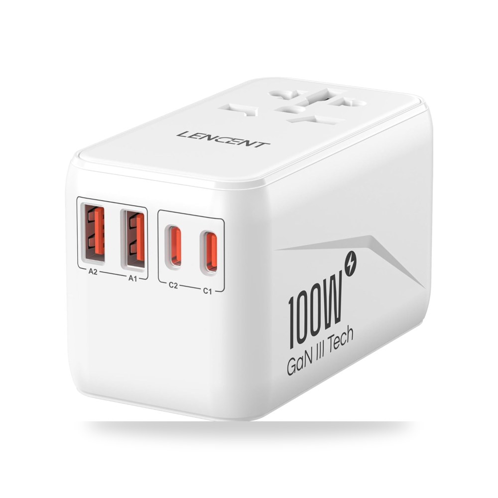محول سفر عالمي 100 واط GaN3، ابيض 2 QC4.0 2 لينسينت موديل USB-A