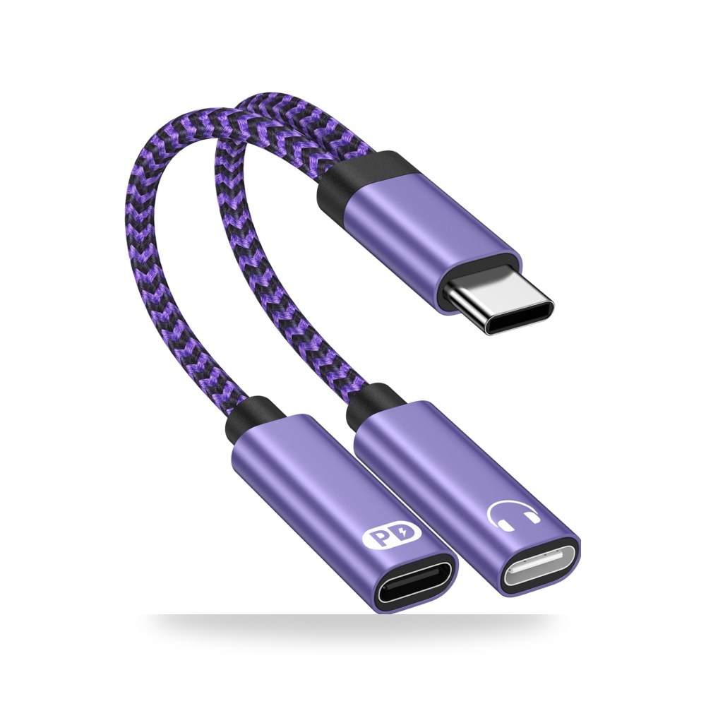 موزع دونجل USB C مزدوج 2 في 1، محول ومقبس سماعة راس وشاحن النوع سي