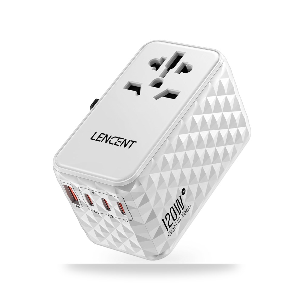 محول سفر دولي 120 واط، محول سفر عالمي، ابيض 1 لينسينت موديل USB-A