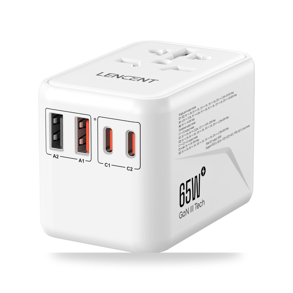 محول سفر عالمي، ابيض 2 QC4.0 2 PD3.0 Type C لينسينت GaN3 بقدرة 65 واط موديل USB-A