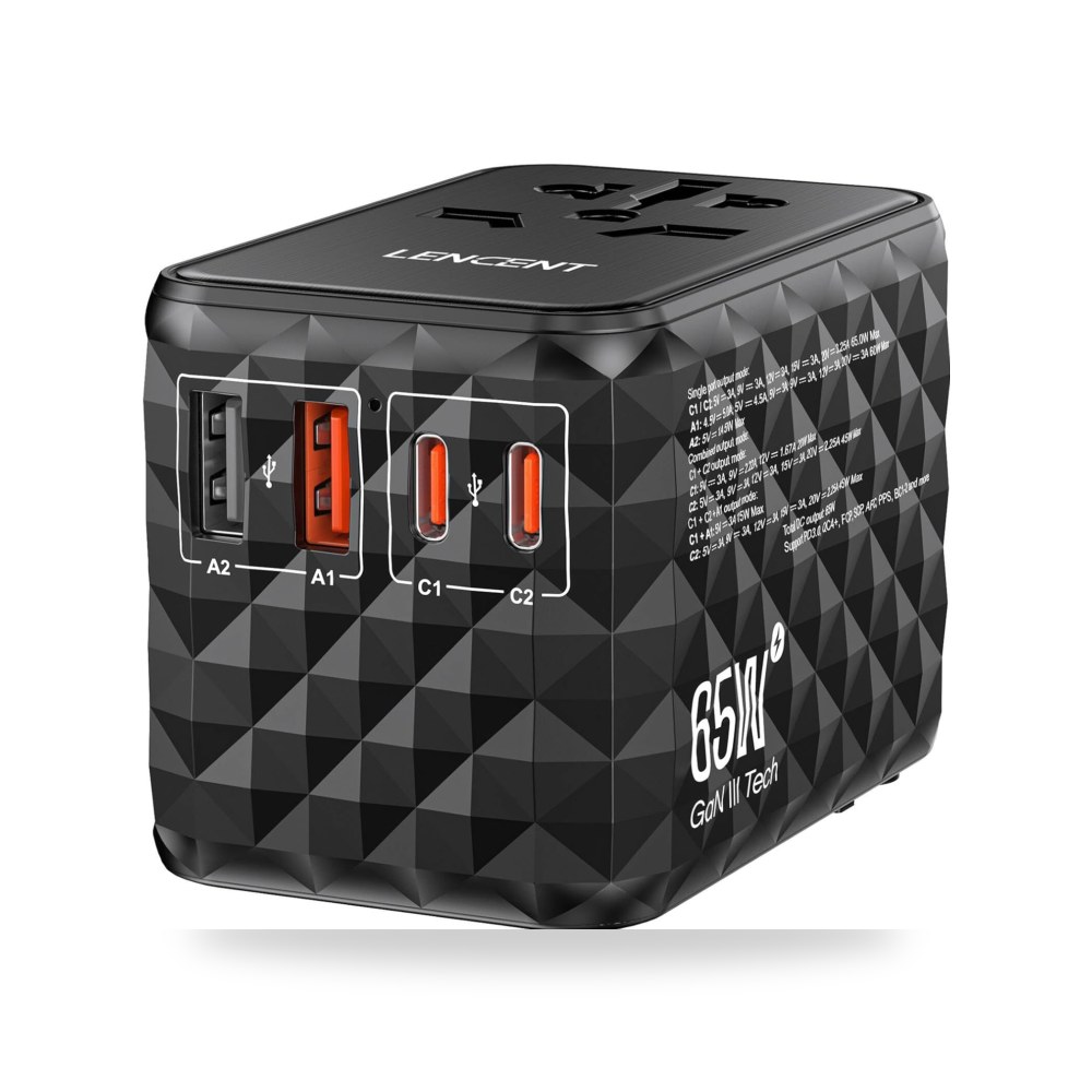 محول سفر عالمي 65 واط، شاحن سريع عالمي جان 2 لينسينت موديل USB-A