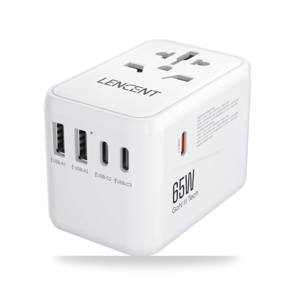 محول سفر عالمي جان III 65 واط، ابيض 2 USB لينسينت موديل Type-C