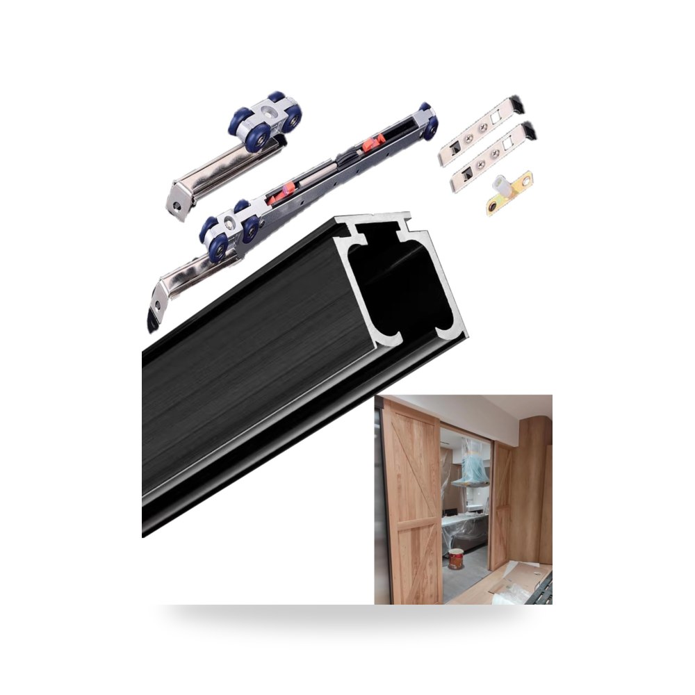 طقم مسار وبكرات ودليل أبواب منزلقة وأبواب الجيب المعلقة (Pocket Door Hardware Kit) جينيريك