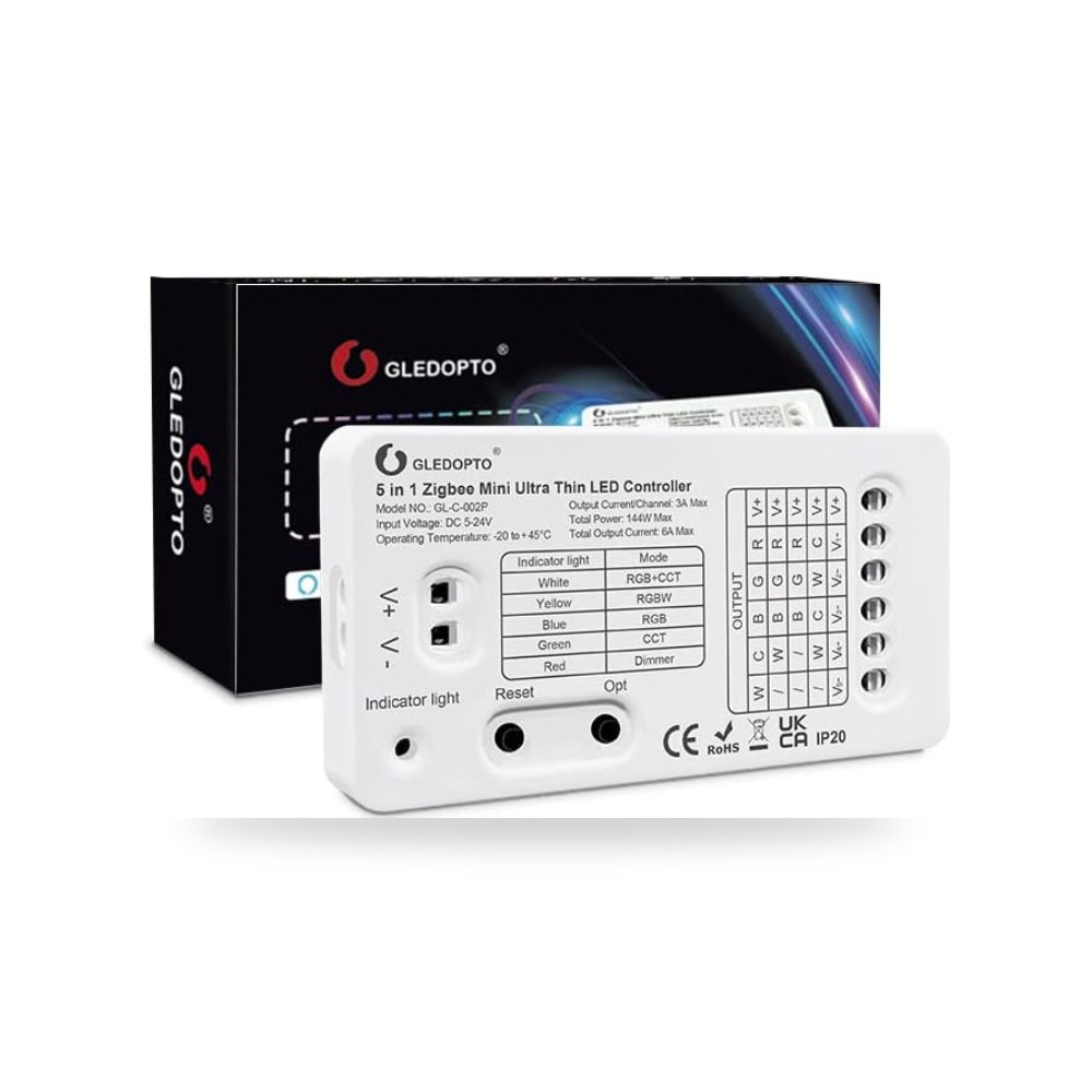 جليدوبتو شريط تحكم LED صغير مسطح للغاية 5 في 1 من زيجبي RGB موديل 5-24