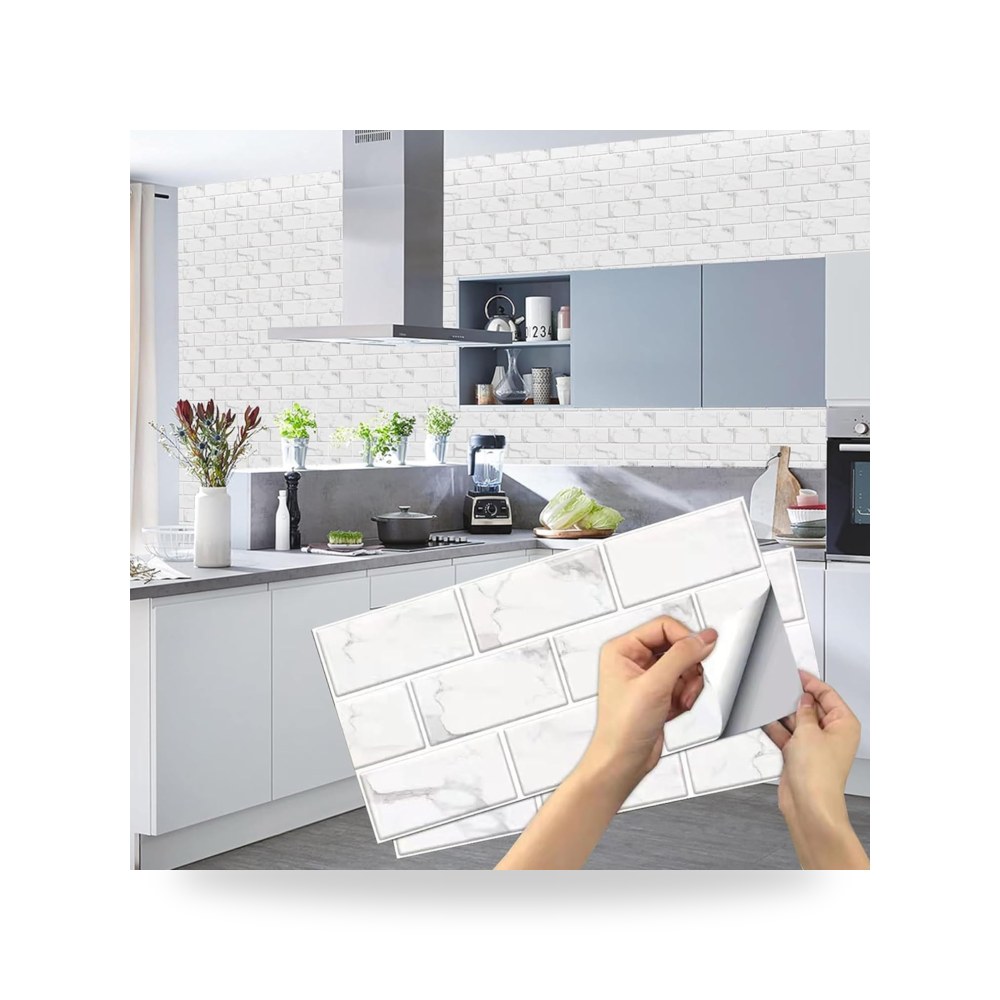 ملصقات بلاط جداري ذاتية اللصق (باكسبلاش) للمطبخ والحمام نمط أبيض ناصع لامع (Glossy White)