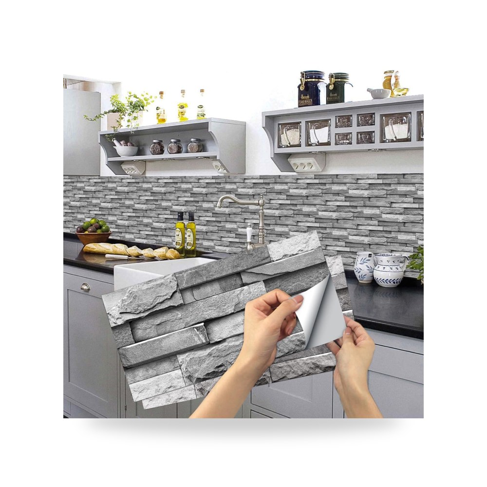 ملصقات بلاط جداري ذاتية اللصق (باكسبلاش) للمطبخ والحمام نمط رمادي حجري معاصر (Stone Gray)