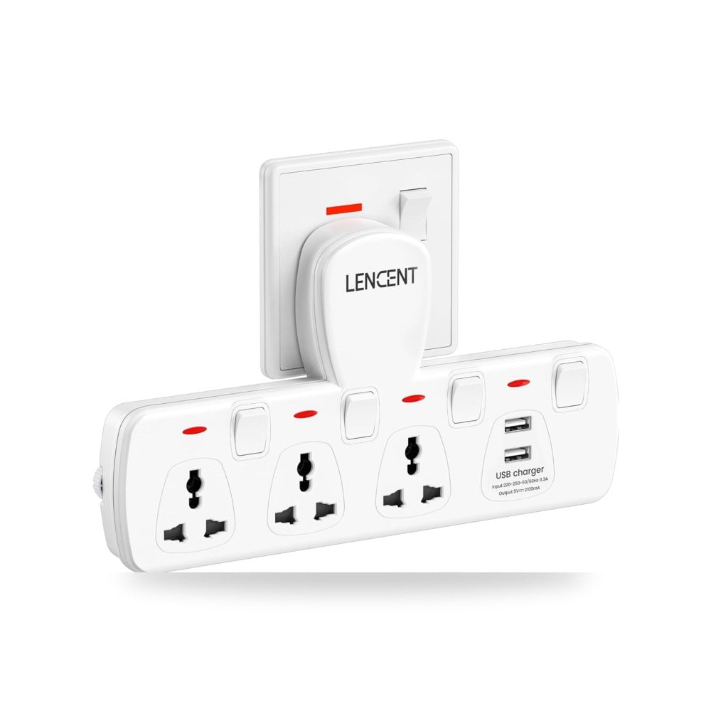 مشترك كهربائي مع 3 منافذ للمقابس ومنفذين شحن USB، يعمل
