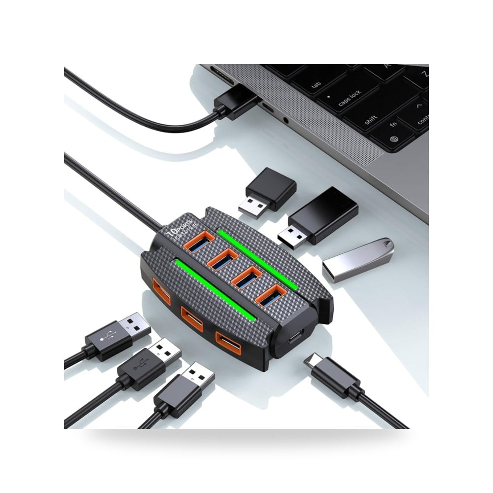 موزع USB 3.0 بـ10 منافذ مع محول طاقة، موزع متعدد المحاور