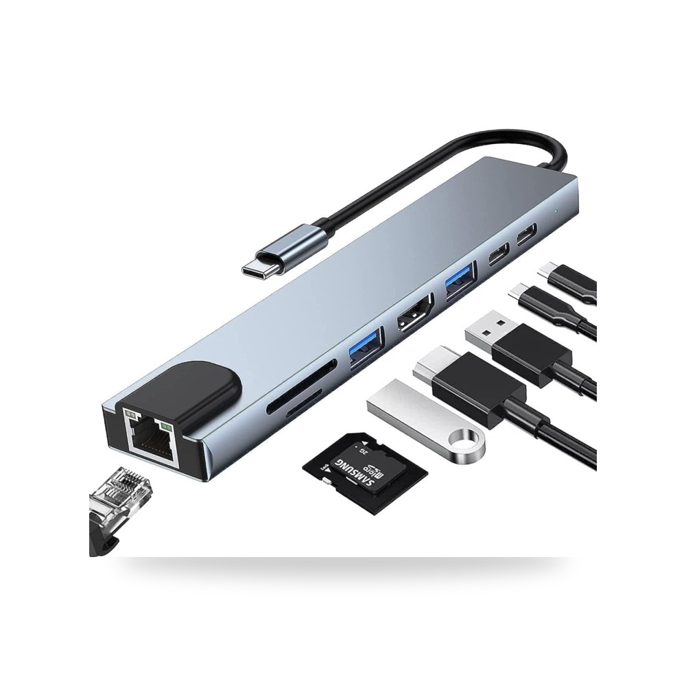 محول موزع USB في 1، محول متعدد المنافذ مع 4K النوع C 8