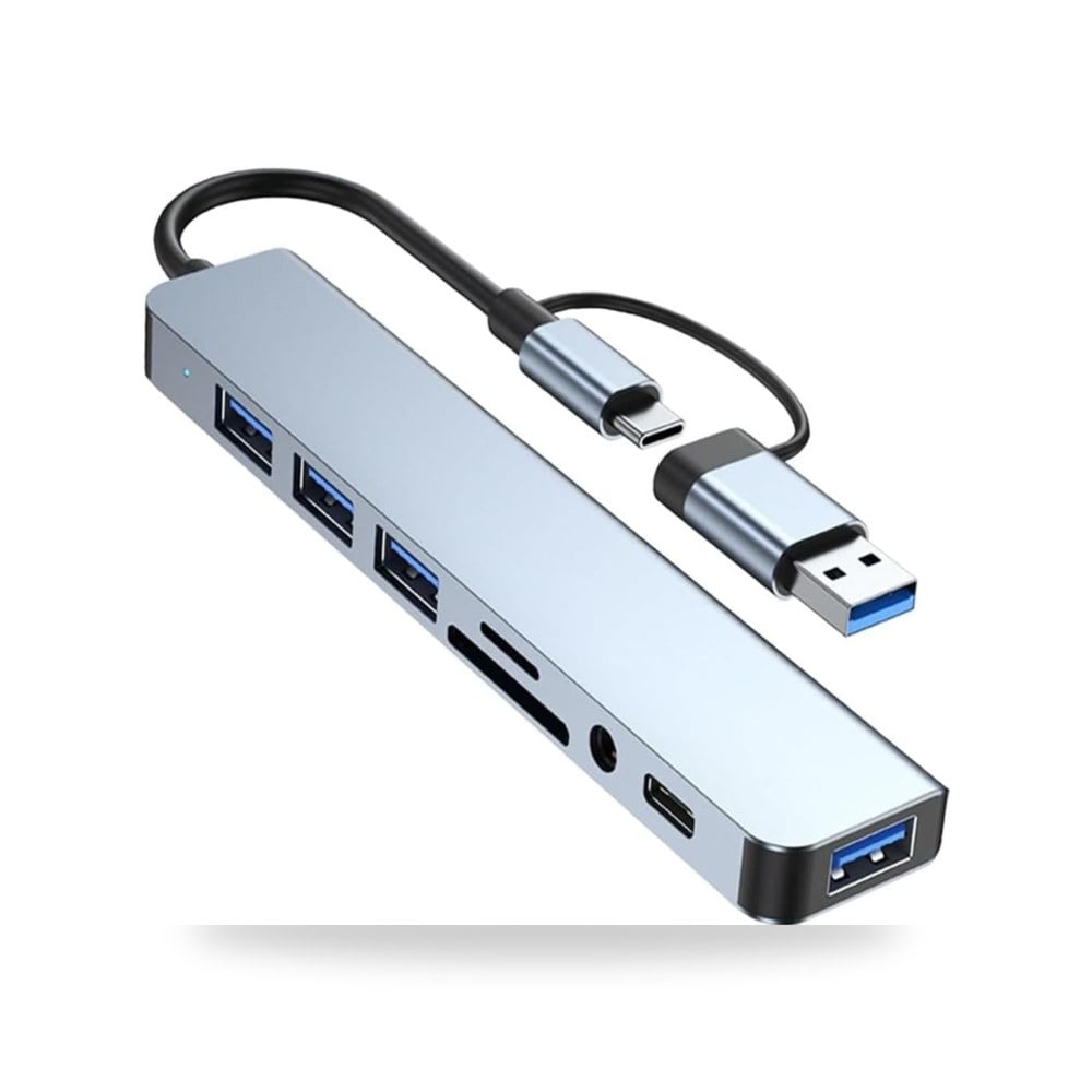 موزع USB 8 في 1، USB-C، قارئ SD - TF، صوت 3.5 مم، USB 3.0
