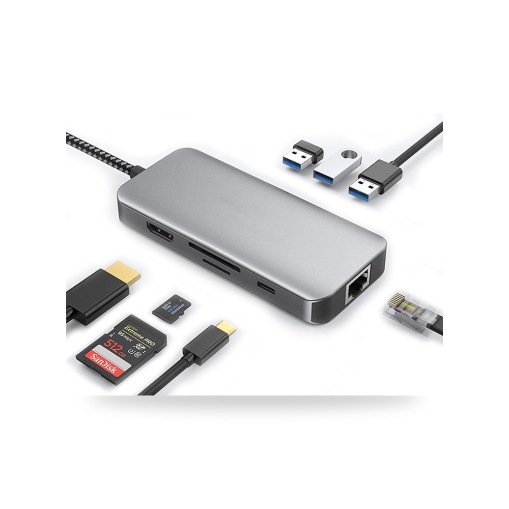 اي سي في في موزع USB C 8 في 1، محول متعدد المنافذ، محول