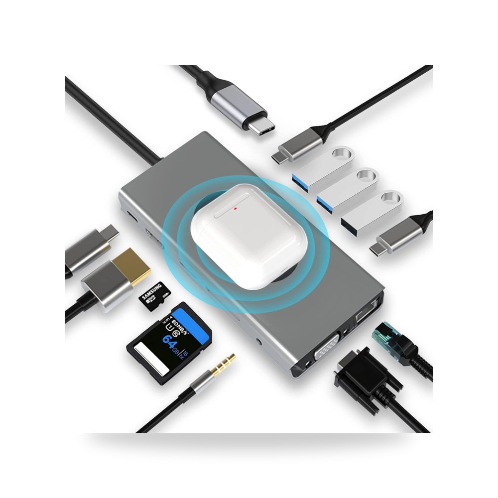 دونجل موزع مع شحن لاسلكي، محول قاعدة شحن 13 في 1 مع HDMI 4K