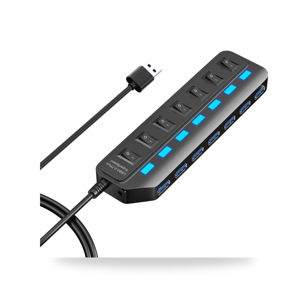 موزع USB 3.0 بـ7 منافذ مع مفاتيح LED فردية للتشغيل والايقاف اكسين