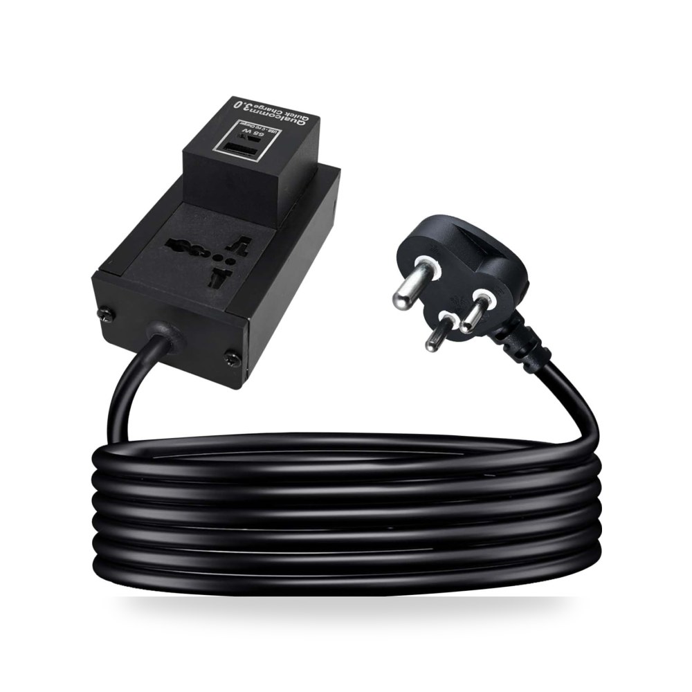 ام اكس لوحة تمديد مع USB-C PD 65 واط ومنفذ USB-A - مقبس عالمي ثلاثي الدبابيس، 6 امبير الى