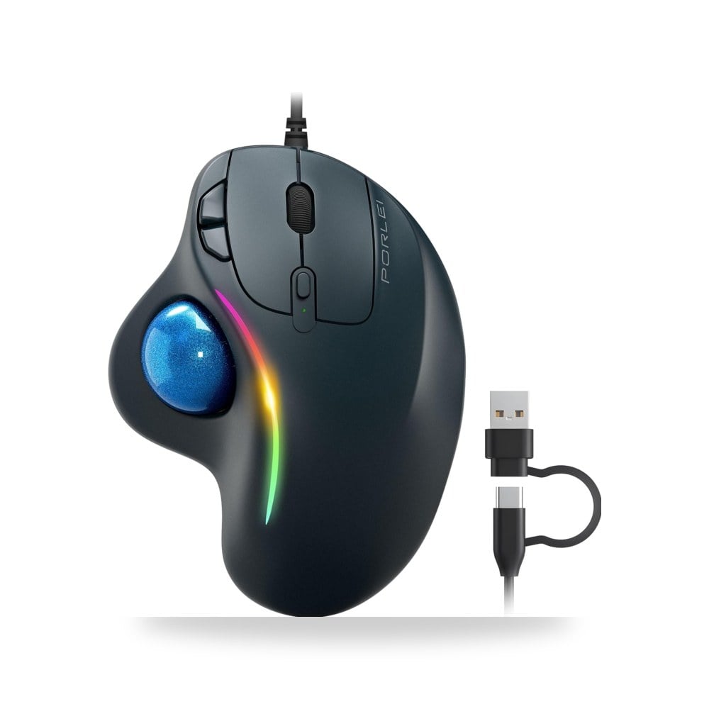 ماوس كرة تتبع سلكي باضاءة RGB من بورلي، تحكم مريح في موديل USB-C