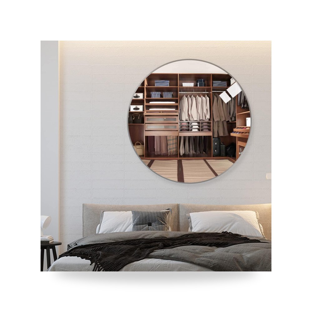مراة حائط دائرية مع اطار الومنيوم فضي، مقاس 80 × 80 سم