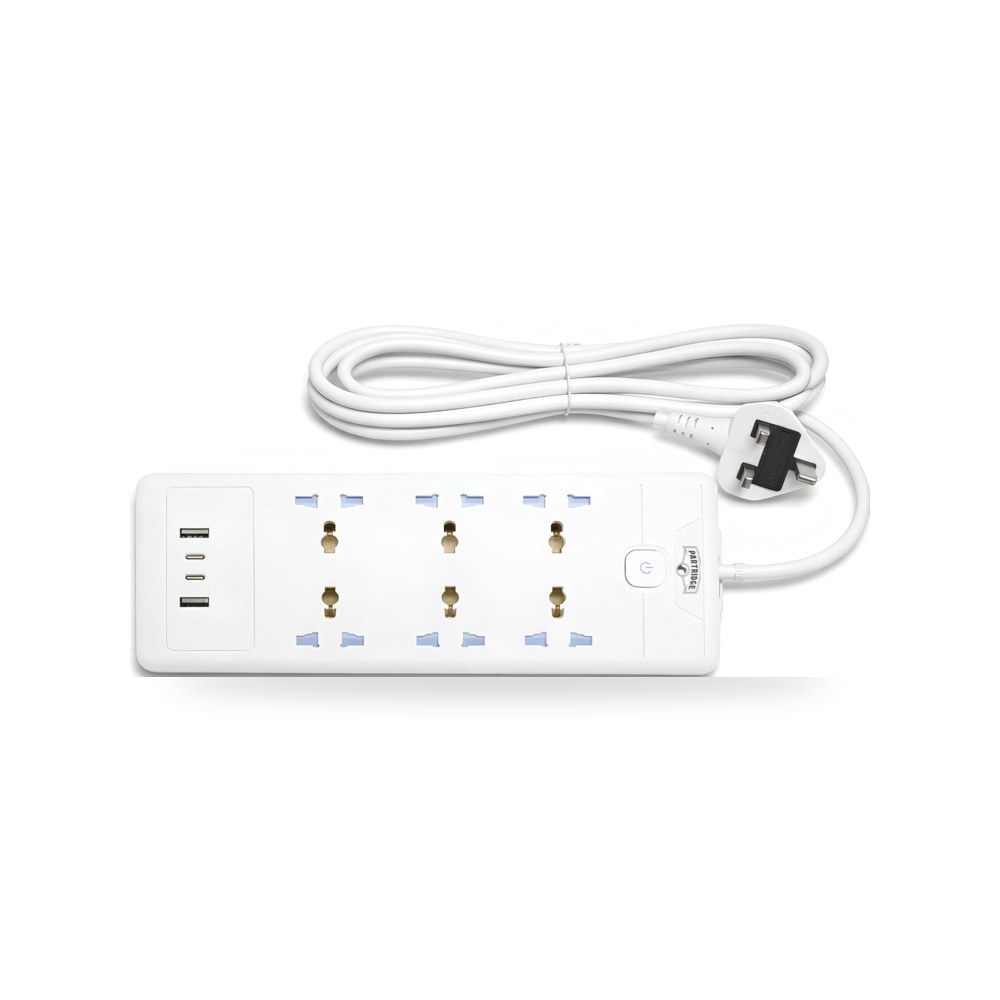 شريط طاقة بارتريدج، سلك تمديد نحاسي ابيض، 6 منافذ عالمية مع موديل USB-A