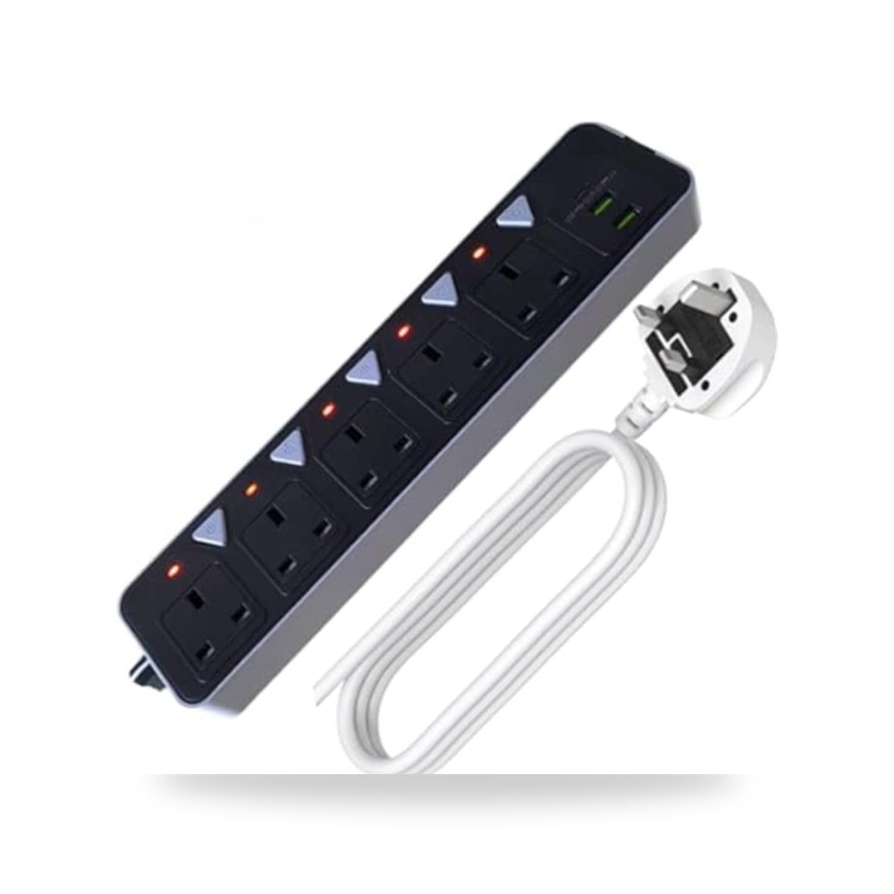 توصيلة كهرباء 5 مخارج مع 2 منفذ USB وطول 10 متر – مفاتيح