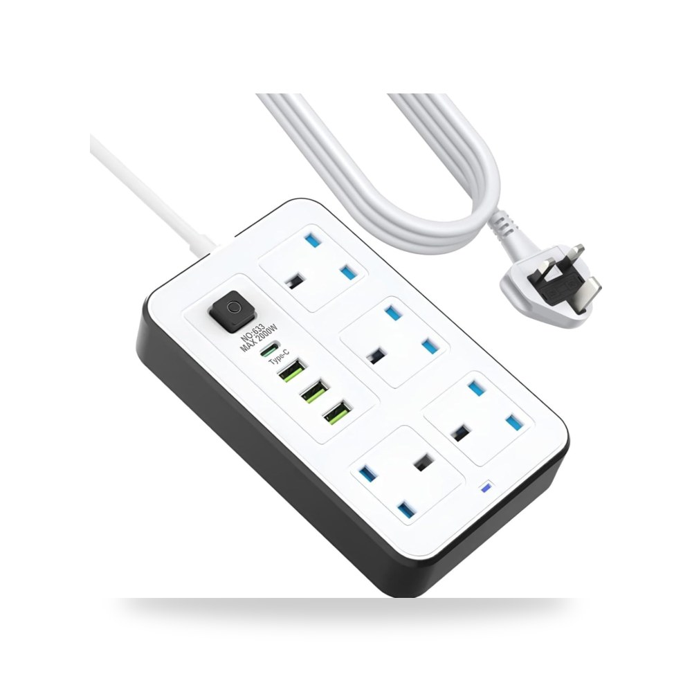 سلك تمديد طاقة بطول 3 متر، مقبس عالمي 4UK 3 منافذ USB 1PD الحمل الزائد 2500 واط