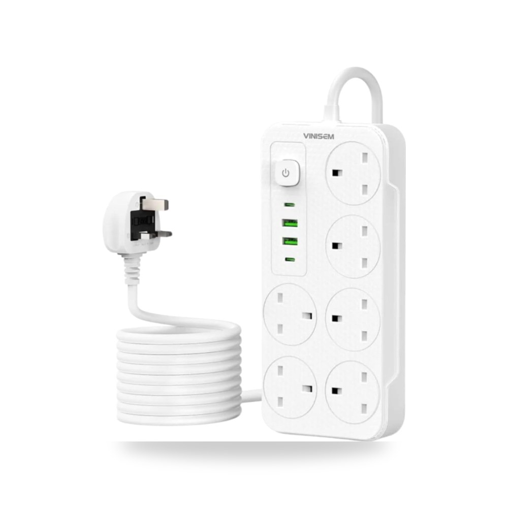 سلك تمديد طاقة عالمي - 4 مقابس طاقة، 2 منفذ USB 2 نوع C